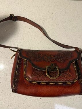 Hand-Tooled Brown Leather Crossbody Bag with Floral Detailing